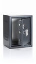 Open gray safe with dial combination lock on a white studio background for security and protection Royalty Free Stock Photo