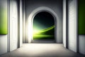 An open green door with intricate arch-style architecture, providing an inviting entrance and exit to a sunlit room, made with Royalty Free Stock Photo