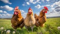 Three curious chickens stand in a open green field