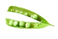 Open green pea pod isolated on white background. Close-up. Royalty Free Stock Photo