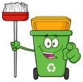 Open Green Recycle Bin Cartoon Mascot Character Holding A Broom And Pointing For Cleaning