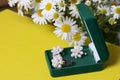 An open green velvet box for jewelry. In it lies a set: a ring and earrings with pearls. Next to the vase is a bouquet of chamomil Royalty Free Stock Photo