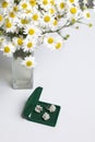 An open green velvet box for jewelry. In it lies a set: a ring and earrings with pearls. Next to the vase is a bouquet of chamomil Royalty Free Stock Photo