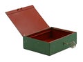 Open green vintage old iron mini lock box, empty cash box with key isolated on white background Royalty Free Stock Photo