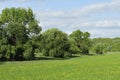 Only open green, yellow field forest and clouds on blue sky in summer, sunny day. Good weather. Away far hills, trees. Mysterious Royalty Free Stock Photo