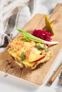 Open grilled cheese sandwich with fish and tomatoes Royalty Free Stock Photo