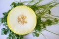 Open halff of Galia melon over fresh green parsley background Royalty Free Stock Photo