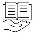 Open hand with book linear icon. Library. Thin line illustration. Contour symbol. Book on a palm vector icon. Outline Royalty Free Stock Photo