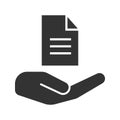Open hand with document glyph icon