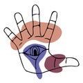 Open hand with fingers splayed and magic all seeing eye. Palm on abstract spots background