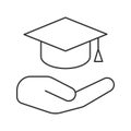 Open hand with graduation cap linear icon