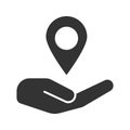 Open hand with map pinpoint glyph icon