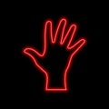 Open hand, palm neon sign. Bright glowing symbol on a black back