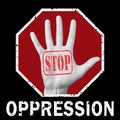 Open hand with the text stop oppression. Global social problem