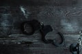 Open handcuffs, liberty concept on a wooden background