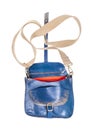 Open handmade blue handbag with textile strap Royalty Free Stock Photo