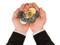 Open hands with crypto currency coins Royalty Free Stock Photo