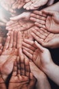 Open hands, diversity and group together with community, solidarity and support. Hunger, faith and charity hands gesture Royalty Free Stock Photo