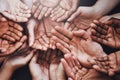 Open hands, diversity and palm together with community, solidarity and support. Above, faith or charity help gesture Royalty Free Stock Photo