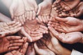 Open hands, group and together with community, solidarity and support. Trust, teamwork and charity hands gesture with Royalty Free Stock Photo