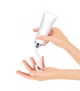 Open hands and pouring lotion from packaging vector illustration.