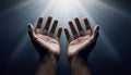 Open Hands Reaching Upwards Towards Bright Divine Light Rays image photo Royalty Free Stock Photo