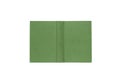 Open hard cover green book on white background