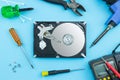 Maintenance the hard disc drive, Open hard disc drive, disc and Electronic tools Royalty Free Stock Photo