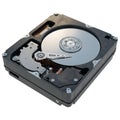Open Hard Disk Drive With Spinning Platter And Read Write Head On White Background hard drive computer Royalty Free Stock Photo