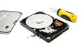 Open hard drive and screwdriver isolated on white background closeup. Computer hard drive HDD. computer memory Royalty Free Stock Photo