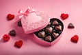 Open heart-shaped box with chocolate candies on a pink background. Generative AI