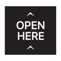 OPEN HERE sign with upward pointing arrow