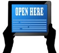 OPEN HERE on tablet screen, held by two hands. Royalty Free Stock Photo