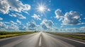 Open highway, sunburst through clouds, bright summer day, dashboard perspective, adventure ahead , high resolution DSLR Royalty Free Stock Photo