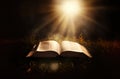 Open holy bible book on dark background with rays of light and smoke Royalty Free Stock Photo