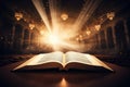 Open holy bible book with glowing lights in church Royalty Free Stock Photo