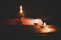 Open Holy Bible and candle on a old oak wooden table. Royalty Free Stock Photo