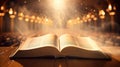 Open Holy Bible with glowing lights in a church