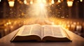 Open Holy Bible with glowing lights in a church Royalty Free Stock Photo