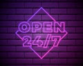 Open 24 7 Hours Neon Light on Brick Wall. 24 Hours Night Club , Bar Neon Sign. Vector Illustration Royalty Free Stock Photo