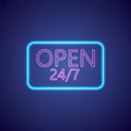 Open 24-7 Hours Neon Light . 24 Hours Night Club - Bar Neon Sign. Vector Illustration. Royalty Free Stock Photo