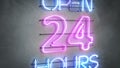 Open 24 hours neon light text 3D render illustration
