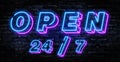 Open 24 hours neon sign  design template. Open Shop neon text, light banner design element colorful modern design trend, Royalty Free Stock Photo