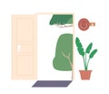 Open House Doorway with Garden View, Mat, Potted Plant and Hat on Hanger. Concept of Back to Home, Escape