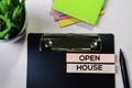 Open House text on sticky notes with office desk concept Royalty Free Stock Photo