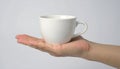 Blank White Ceramic Coffee Cup or Tea Mug Presented on an Open Palm Against a Light Gray Background for Drinkware Mockup and Adver Royalty Free Stock Photo