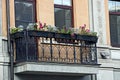 Iron balcony and flowerpots with red flowers with a window on a brown wall Royalty Free Stock Photo