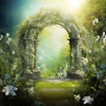 An open iron gate leads enchanting secret garden surrounded by ivy covered trees. Generative Ai Royalty Free Stock Photo