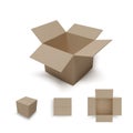 Open isometric box and closed parcel. Realistic carton. Isometric and top view. Vector