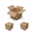 Open isometric box and closed parcel. Realistic carton. Vector